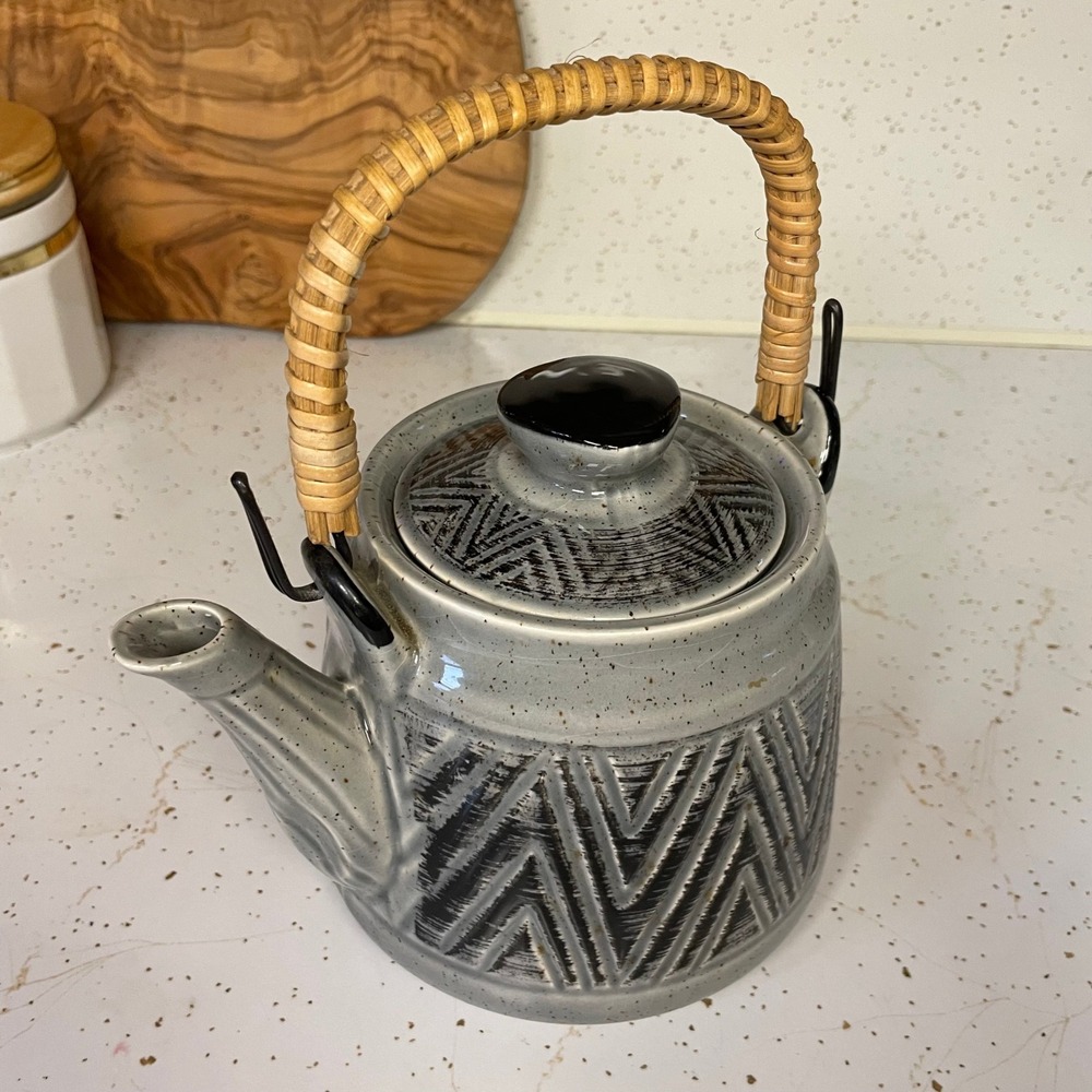 VTG Japanese Stoneware Teapot 70s Geometric Chevron MCM Asian Studio Art Pottery